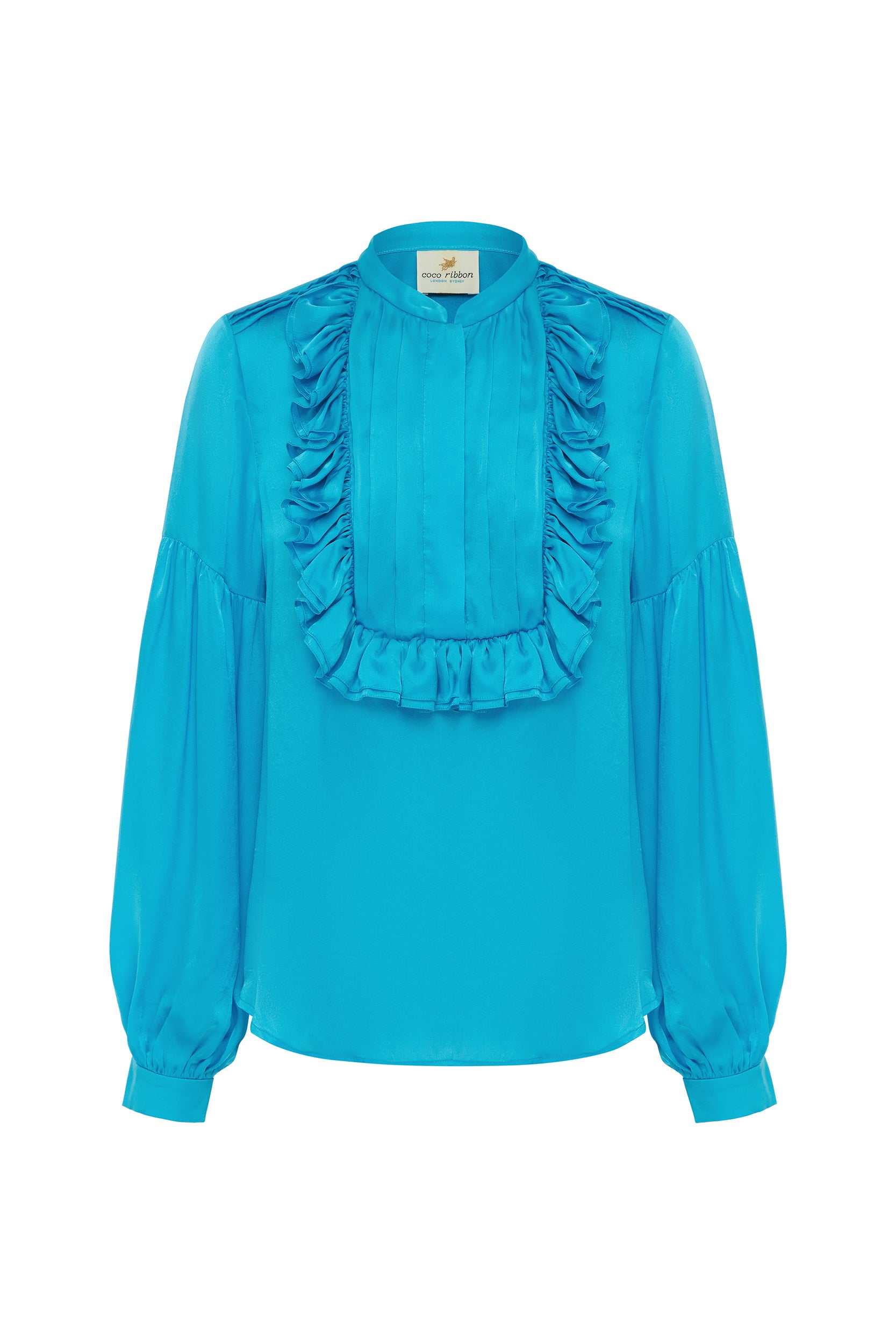 Coco Ribbon - Turquoise Silk Ruffle Blouse