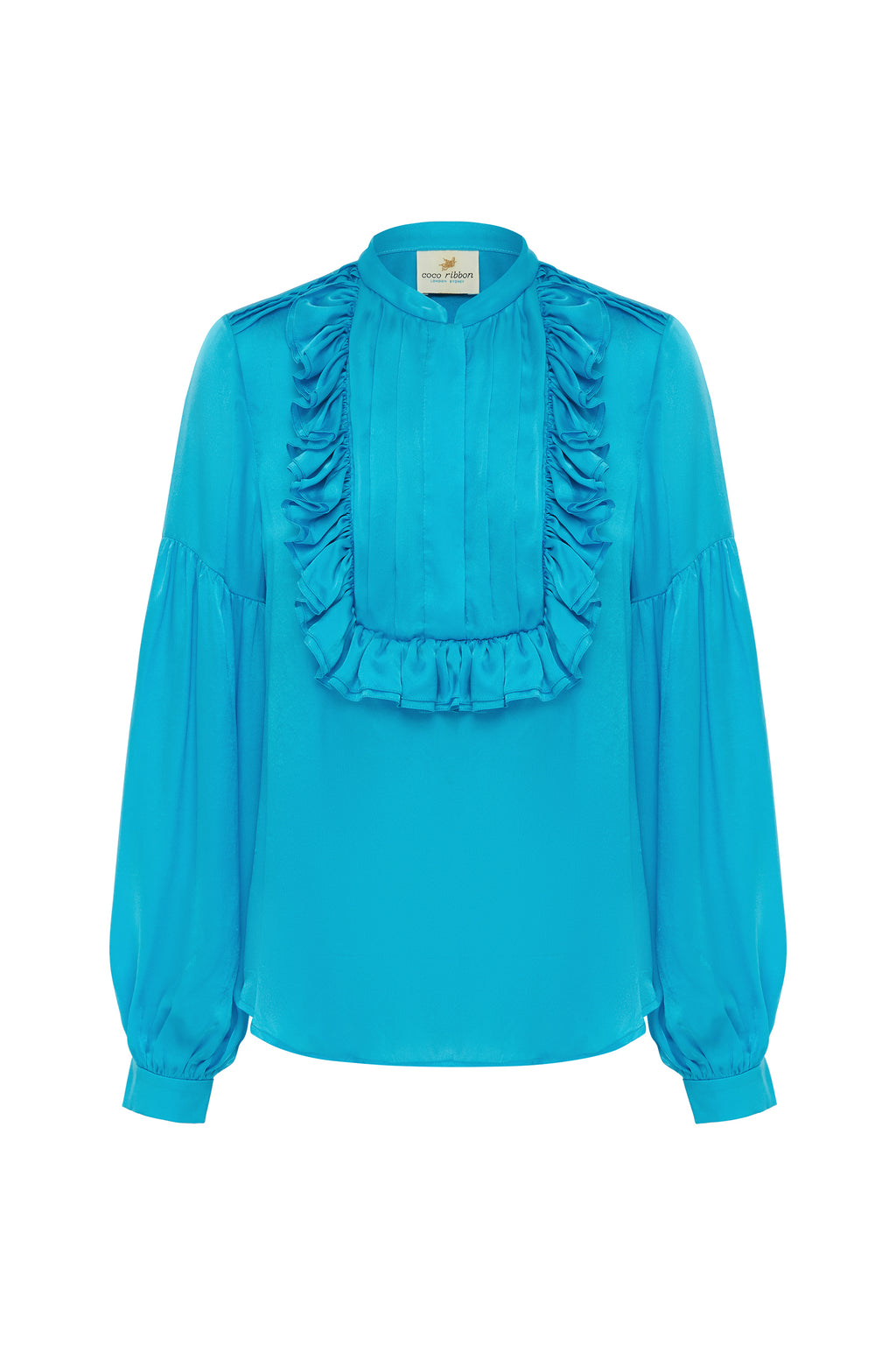 Coco Ribbon - Turquoise Silk Ruffle Blouse