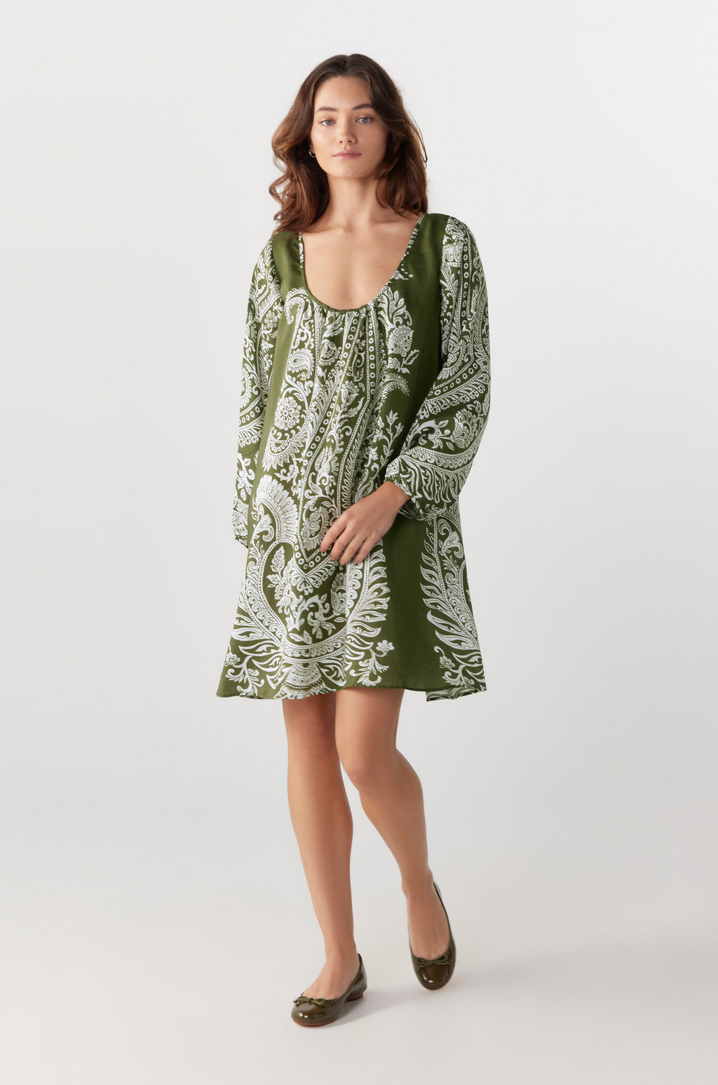 BY Anu Scoop neck Paisley Silk dress khaki