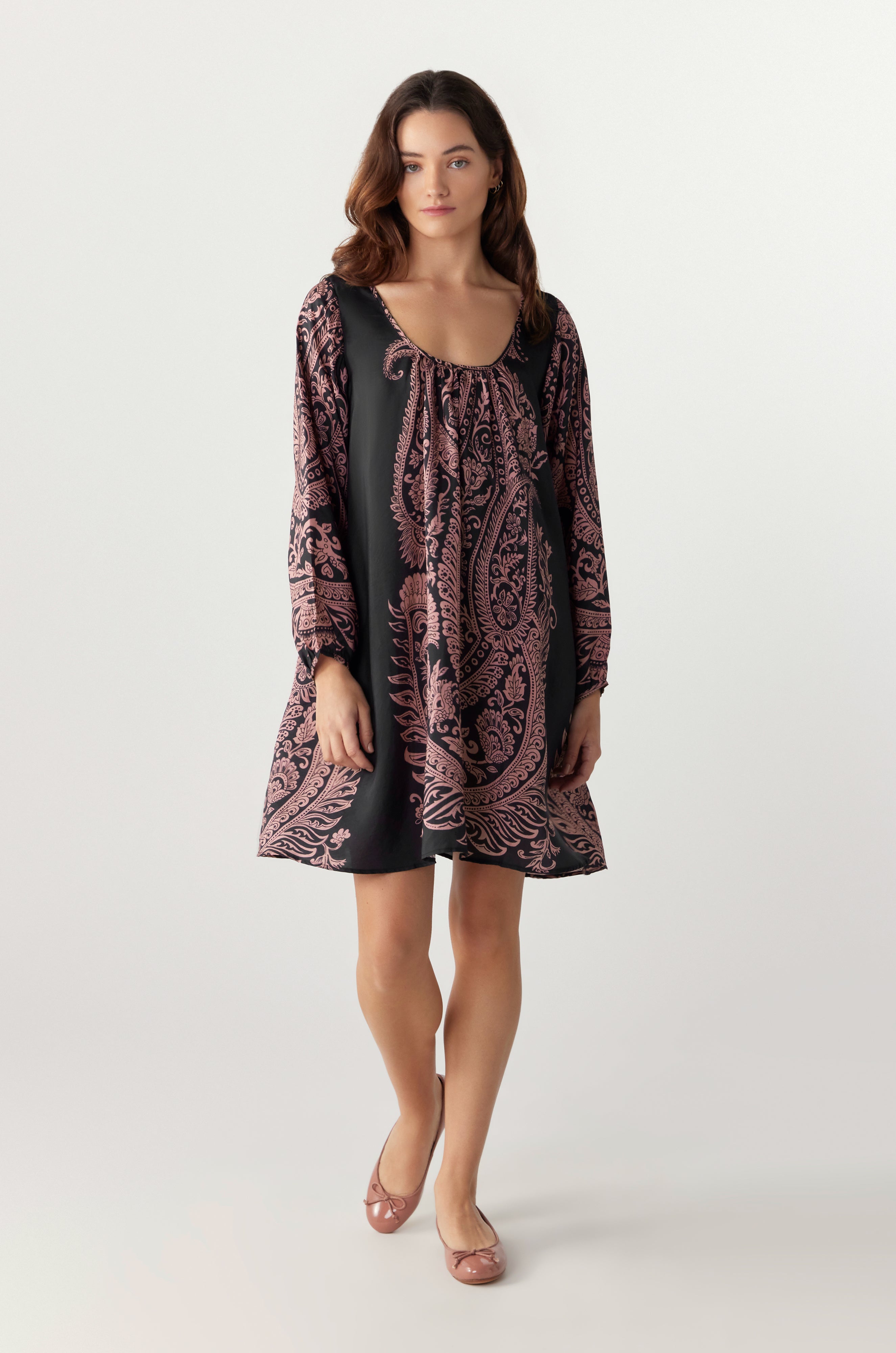 BY Anu Scoop neck Paisley Silk dress Charcoal with pink