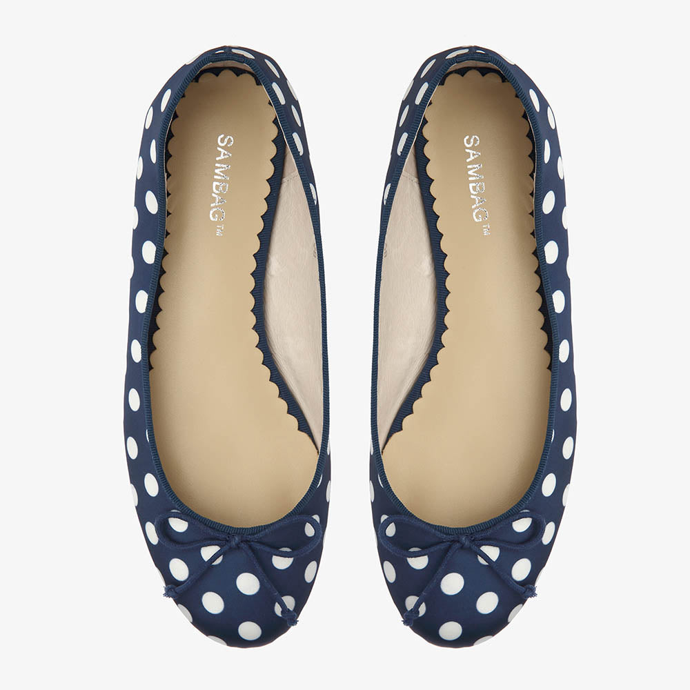 Tina Navy & White Polka Dot Satin Ballet Close Up