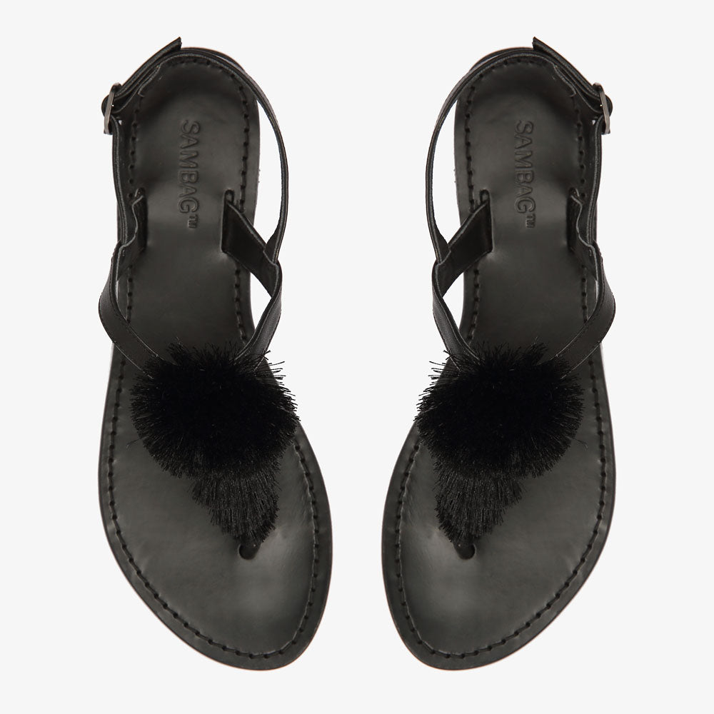 Paris Black leather Sandal with Pom Pom detail